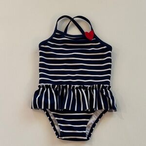 Hanna Andersson Navy & White Striped One-Piece Swimsuit with Red Heart